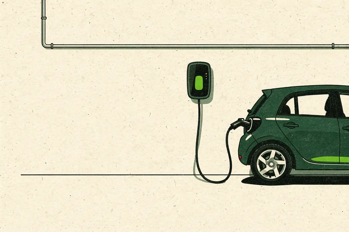 Ilustración de un cargador de coche eléctrico en la pared de un garaje, conectado a un coche aparcado