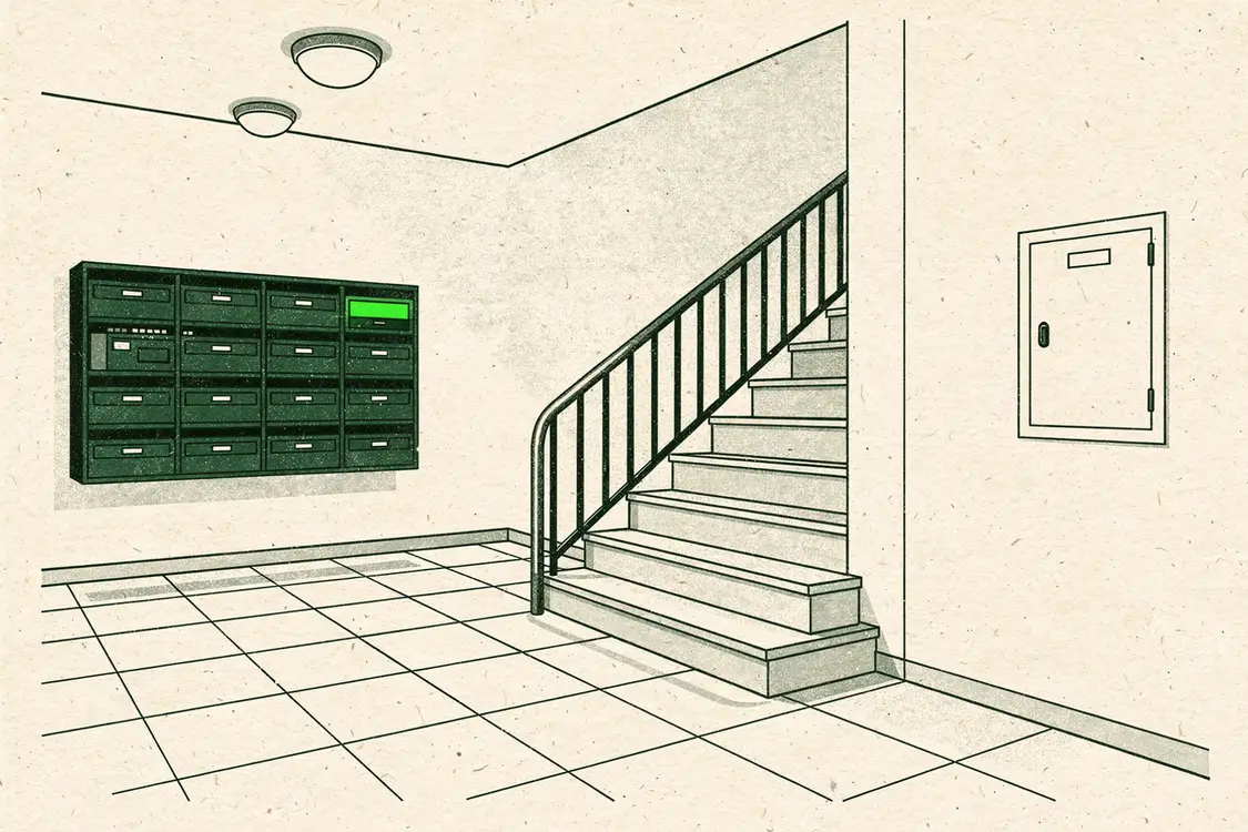 Ilustración del portal de una comunidad de vecinos con los buzones, la escalera y el armario de contadores