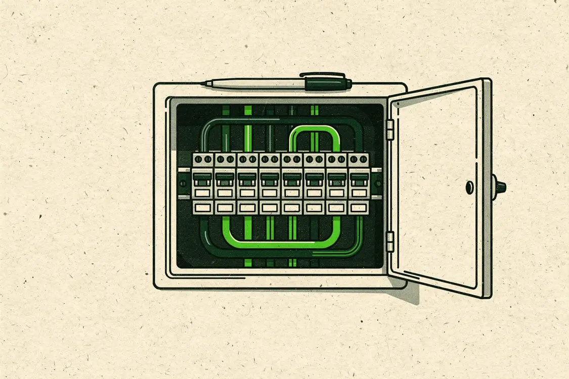 Ilustración de un cuadro eléctrico de vivienda abierto, con cada automático y su etiqueta en fila